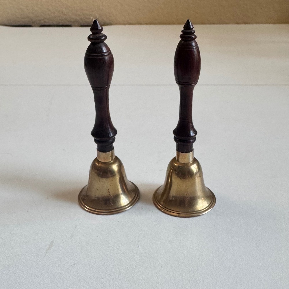 Vintage Brass Hand Bells Pair with Turned Wood Handles 4.5 Inch Set of 2
